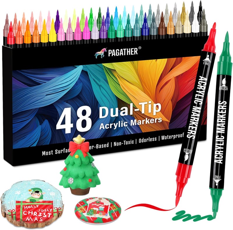 Pagather 48 Colors Acrylic Paint Markers, Dual Tip with Fine Tip and Brush Tip Pens for Stone, Wood, Calligraphy, Canvas, Ceramic, Metal, Glass, Rock Painting, DIY Crafts - Image 1